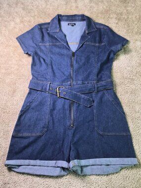 Bebe Womens Blue Stretch Denim Romper Zipper Front Size Large Belted Y2K F842